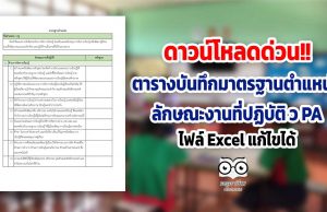 ดาวน์โหลดด่วน!! ตารางบันทึกมาตรฐานตำแหน่ง ว PA ลักษณะงานที่ปฏิบัติ ไฟล์ Excel