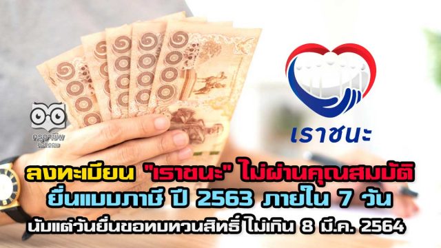 คลัง แจงลงทะเบียน "เราชนะ" ไม่ผ่านคุณสมบัติ เงินได้พึงประเมิน สามารถยื่นแบบภาษี ปี 2563 ภายใน 7 วัน นับแต่วันยื่นขอทบทวนสิทธิ์ แต่ไม่เกิน 8 มี.ค. 2564