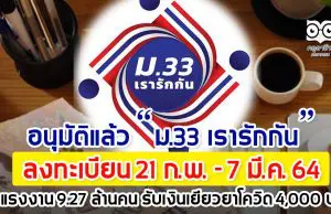 อนุมัติแล้ว “ม.33 เรารักกัน” ลงทะเบียน 21 ก.พ. - 7 มี.ค.64 แรงงาน 9.27 ล้านคน รับเงินเยียวยาโควิด 4,000 บ.