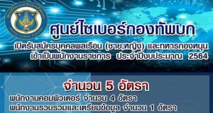 ศูนย์ไซเบอร์กองทัพบก เปิดรับสมัครพนักงานราชการ ประจำปีงบประมาณ 2564 จำนวน 5 อัตรา สมัคร 5 - 16 กุมภาพันธ์ 2564