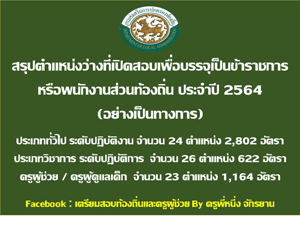 กรมส่งเสริมการปกครองท้องถิ่น ประกาศรับสมัครสอบแข่งขันเพื่อบรรจุรับราชการ (ครูผู้ช่วย / ครูผู้ดูแลเด็ก จำนวน 23 ตำแหน่ง 1,164 อัตรา)