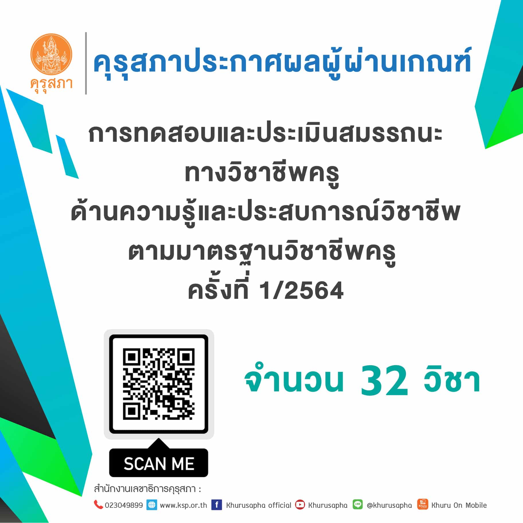 คุรุสภาประกาศผลผู้ผ่านเกณฑ์การทดสอบและประเมินสมรรถนะ ทางวิชาชีพครู ครั้งที่ 1/2564