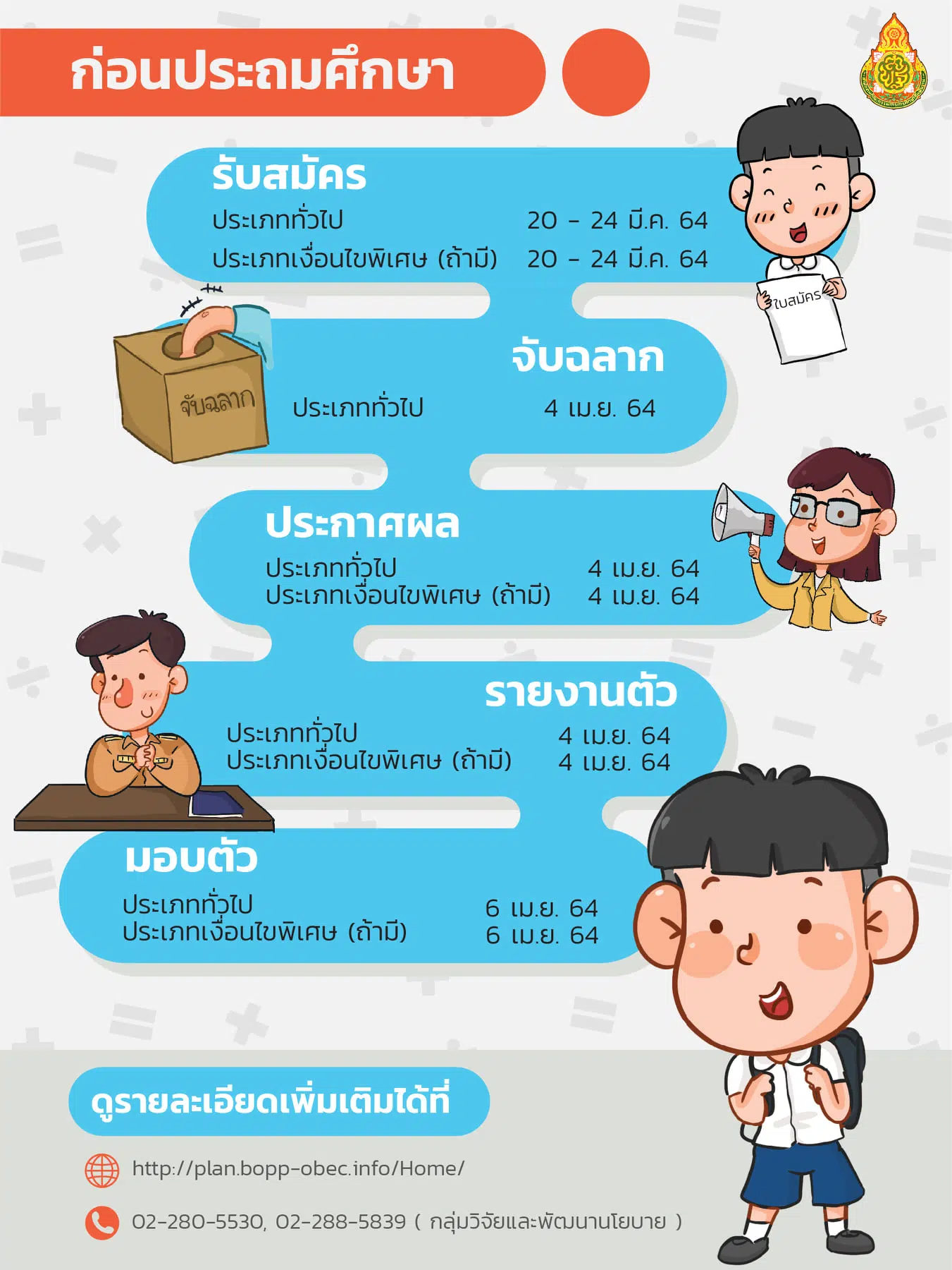 ปฏิทินการรับนักเรียน สังกัด สพฐ. ปีการศึกษา 2564 แก้ไขเพิ่มเติม ณ วันที่ 8 มีนาคม 2564