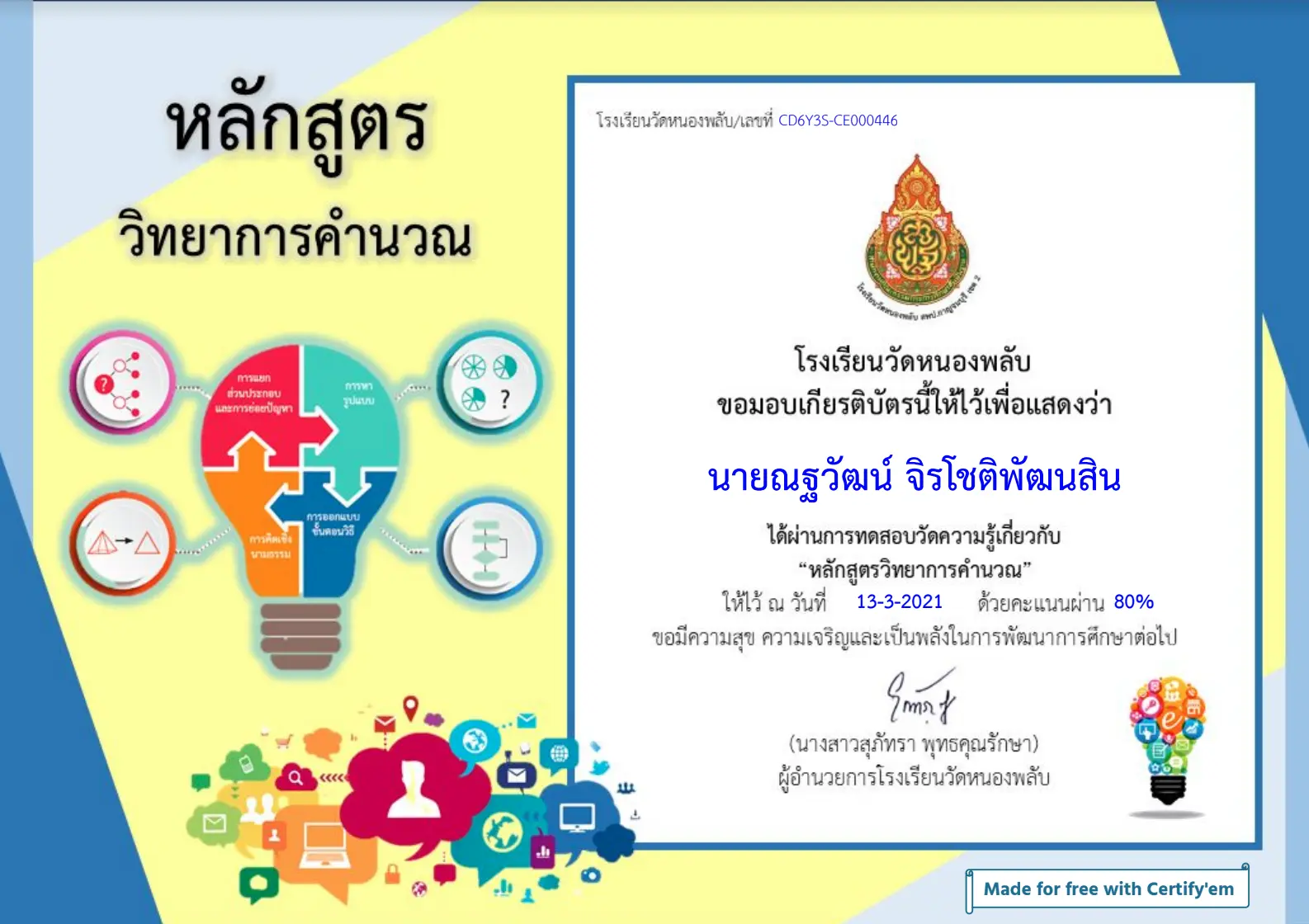 แบบทดสอบออนไลน์ หลักสูตรวิทยาการคำนวณ ผ่านเกณฑ์รับเกียรติบัตรทางอีเมล์ โดยโรงเรียนวัดหนองพลับ