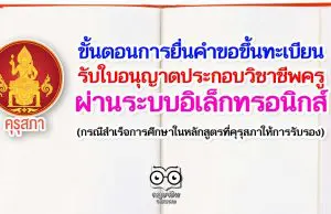 ขั้นตอนการยื่นคําขอขึ้นทะเบียนรับใบอนุญาตประกอบวิชาชีพครู ผ่านระบบอิเล็กทรอนิกส์ (กรณีสําเร็จการศึกษาในหลักสูตรที่คุรุสภาให้การรับรอง)