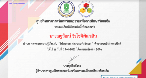 แบบทดสอบออนไลน์เกี่ยวกับการใช้ ”โปรแกรม Microsoft Excel” ผ่านเกณฑ์ 80% รับเกียรติบัตรได้ที่อีเมล โดย ศูนย์วิทยาศาสตร์และวัฒนธรรมเพื่อการศึกษาร้อยเอ็ด