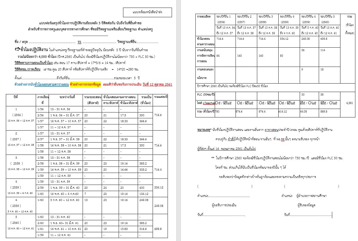 ดาวน์โหลดฟรี!! ตัวอย่างไฟล์สรุปชั่วโมงการปฏิบัติงานย้อนหลัง 5 ปี ทำวิทยฐานะตาม ว21/2560