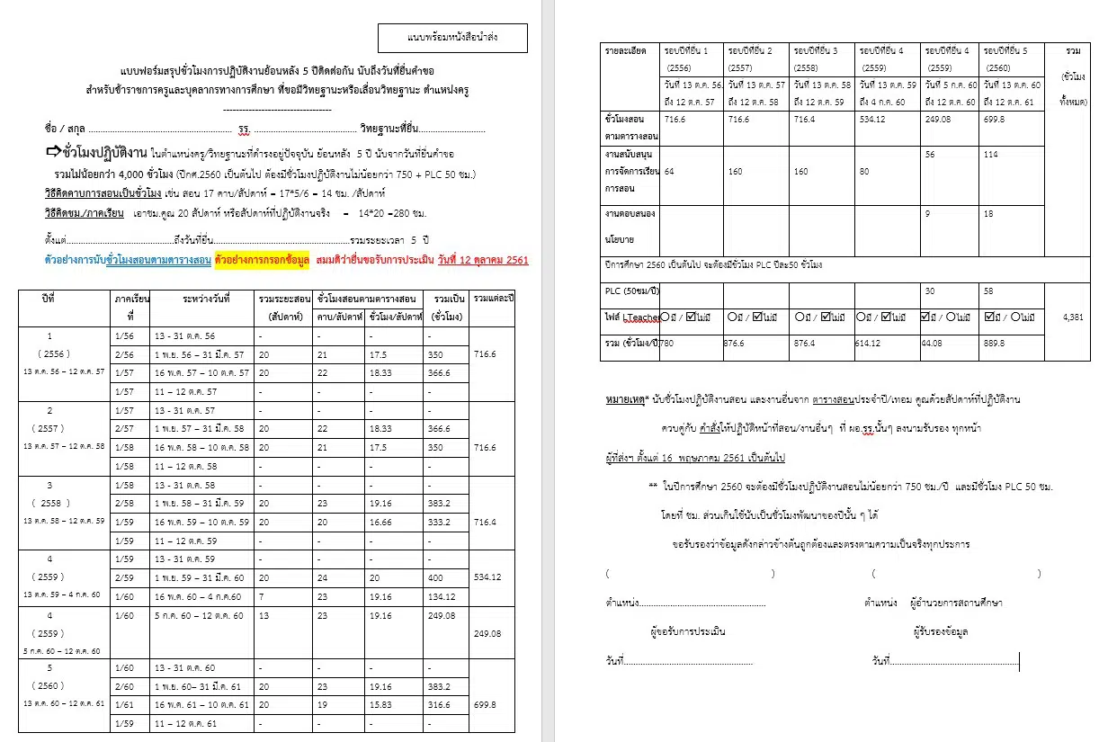 ดาวน์โหลดฟรี!! ตัวอย่างไฟล์สรุปชั่วโมงการปฏิบัติงานย้อนหลัง 5 ปี ทำวิทยฐานะตาม ว21/2560