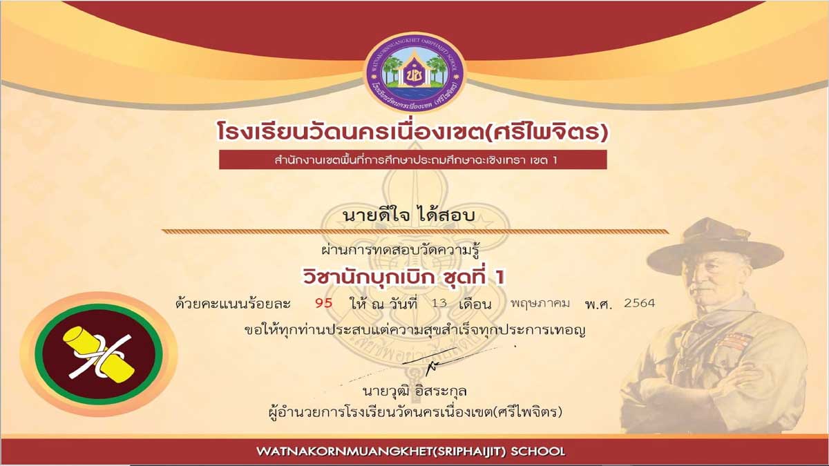 แบบทดสอบออนไลน์ วิชานักบุกเบิก ชุดที่ 1 ผ่านร้อยละ 70 ดาวน์โหลดเกียรติบัตรได้ทันที โดยโรงเรียนวัดนครเนื่องเขต(ศรีไพจิตร)