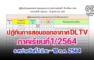 เช็คด่วน!! ปฎิทินการสอนออกอากาศ DLTV ภาคเรียนที่ 1/2564ระหว่างวันที่ 1 มิถุนายน – 18 ตุลาคม 2564