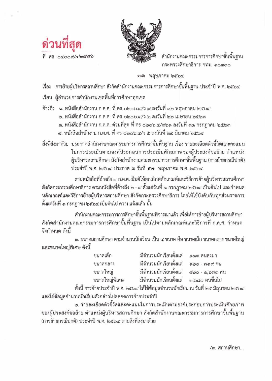 สพฐ.กำหนดรายละเอียด ตัวชี้วัด และคะแนนการประเมิน การย้ายผู้บริหารสถานศึกษา ประจำปี 2564