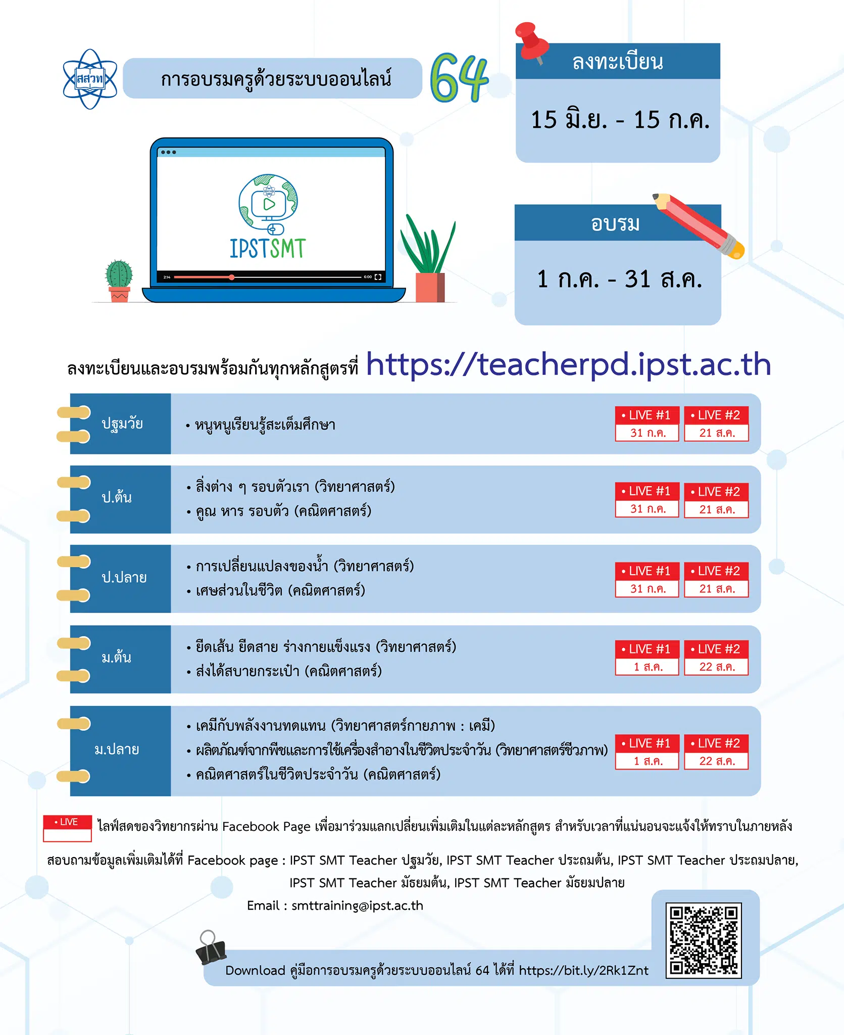 สสวท.เปิดอบรมครูด้วยระบบออนไลน์ ประจำปี 2564 จำนวน 10 หลักสูตร เปิดลงทะเบียน 15 มิถุนายน–15 กรกฎาคม 2564