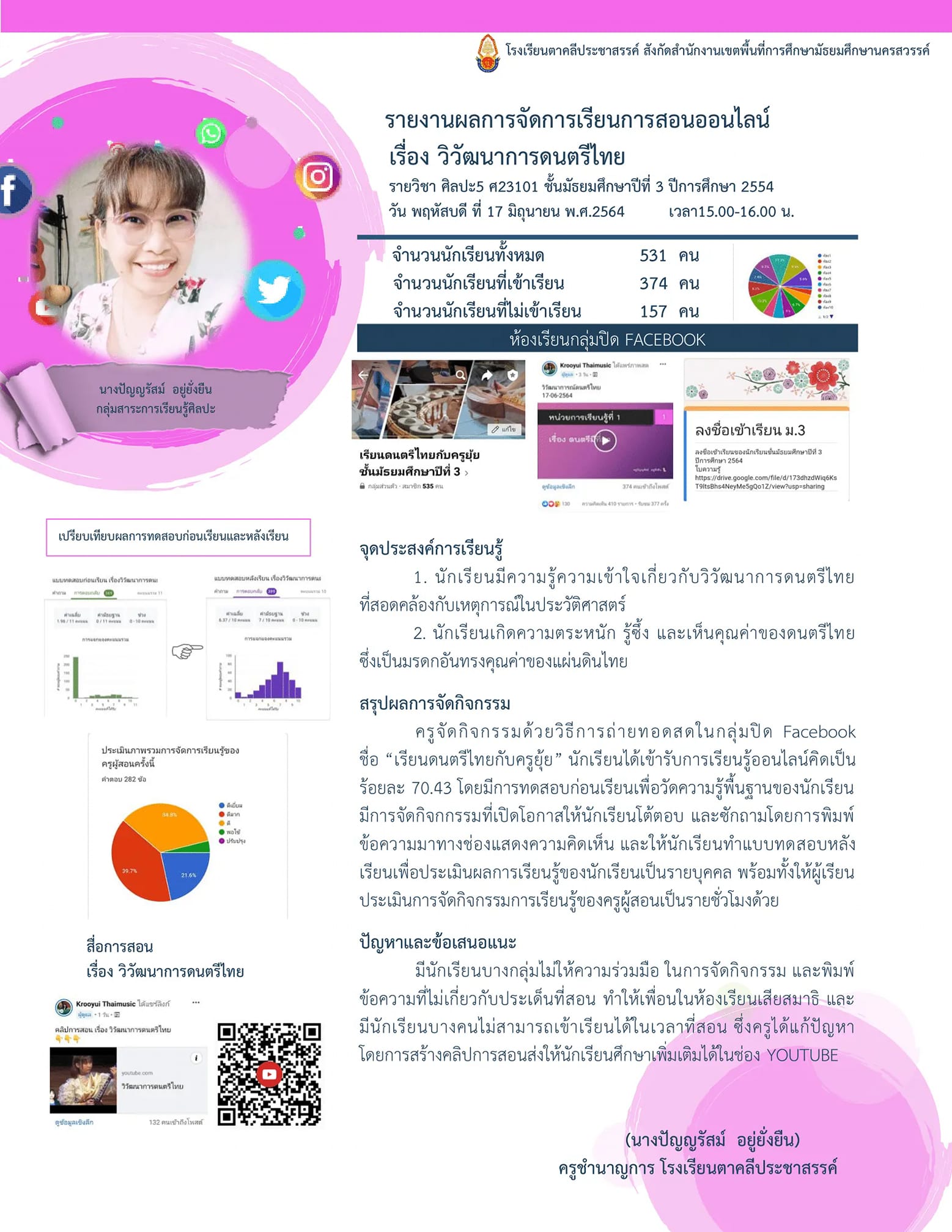 แจกไฟล์!!! เผยแพร่รายงานการจัดการเรียนการสอน Online เครดิต เพจเผยแพร่ สื่อ ผลงาน Krooyui Thaimusic