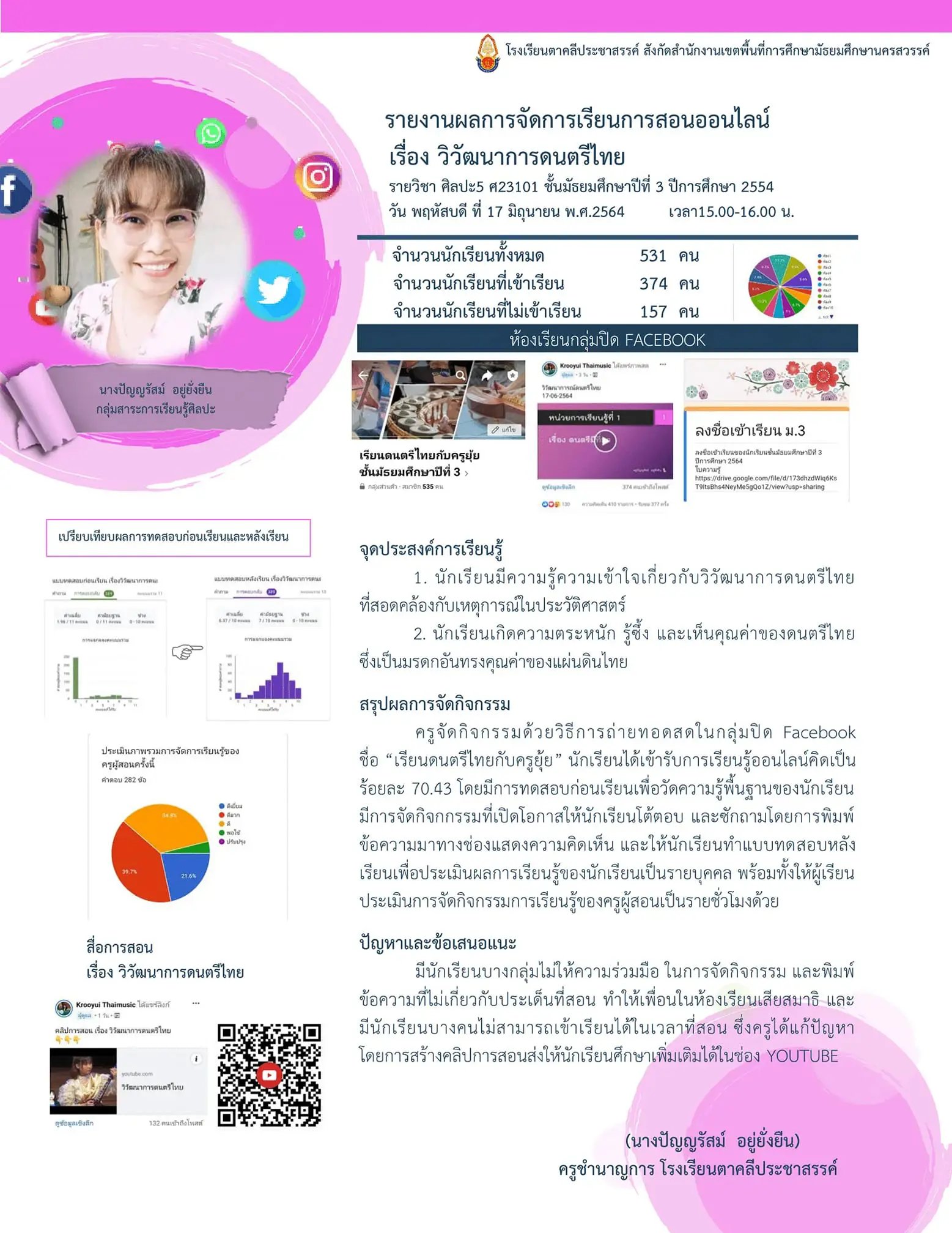 แจกไฟล์!!! เผยแพร่รายงานการจัดการเรียนการสอน Online เครดิต เพจเผยแพร่ สื่อ ผลงาน Krooyui Thaimusic