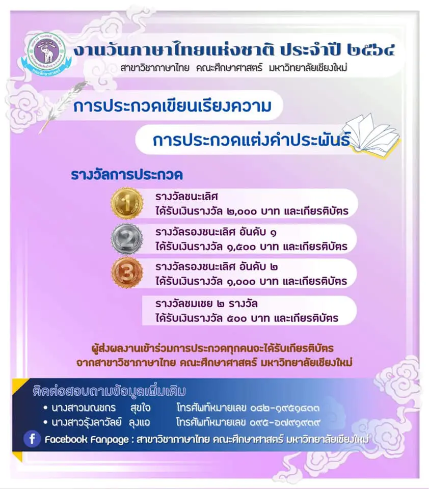 มหาวิทยาลัยเชียงใหม่ จัดประกวดทักษะทางภาษาไทย ในงานวันภาษาไทยแห่งชาติประจำปี ๒๕๖๔  "อักษราลิขิต วิจิตรสนเทศ" ส่งผลงานวันนี้ถึงวันที่ ๑๑ กรกฎาคม ๒๕๖๔