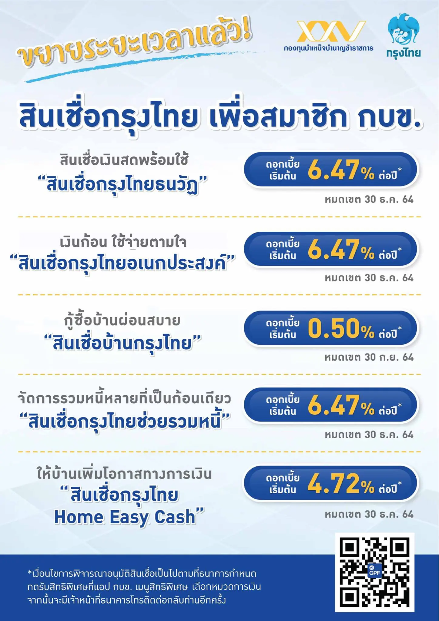 กบข.ขยายเวลา สินเชื่อกรุงไทยอัตราดอกเบี้ยพิเศษเพื่อสมาชิก กบข. 