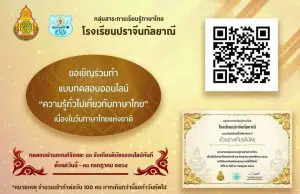 แบบทดสอบออนไลน์ เนื่องในวันภาษาไทยแห่งชาติ ประจำปีการศึกษา 2564 ผ่านเกณฑ์ 80% รับเกียรติบัตรทางอีเมล์ โดยกลุ่มสาระการเรียนรู้ภาษาไทยโรงเรียนปราจีน​กัลยาณี​ อ.เมือง​ จ.ปราจีนบุรี​