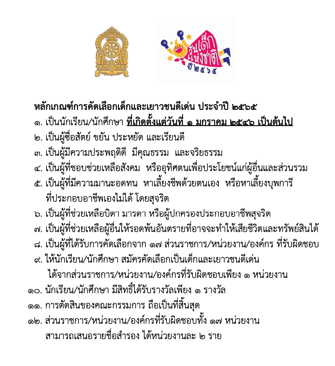 การคัดเลือกเด็กและเยาวชนดีเด่น และเด็กและเยาวชนที่นำชื่อเสียงมาสู่ประเทศชาติ ประจำปี ๒๕๖๕