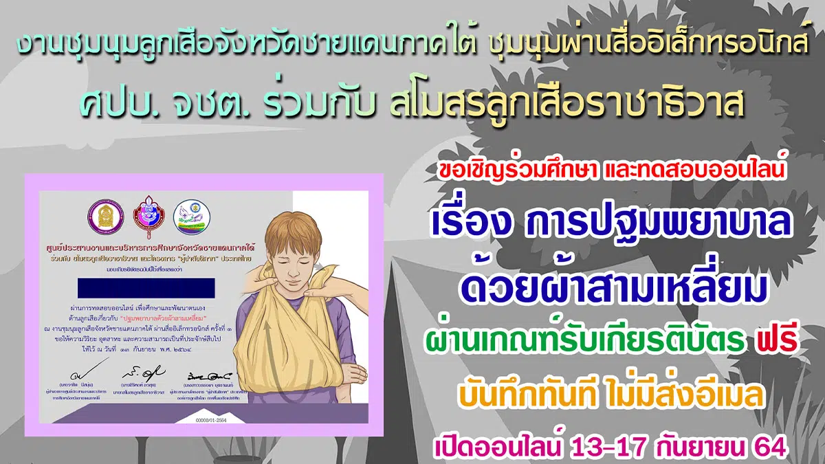 แบบทดสอบออนไลน์ หลักสูตร การปฐมพยาบาลด้วยผ้าสามเหลี่ยม ผ่านเกณฑ์ 75% รับเกียรติบัตรทันที โดยสโมสรลูกเสือราชาธิวาส ร่วมกับ Messengers of Peace Thailand