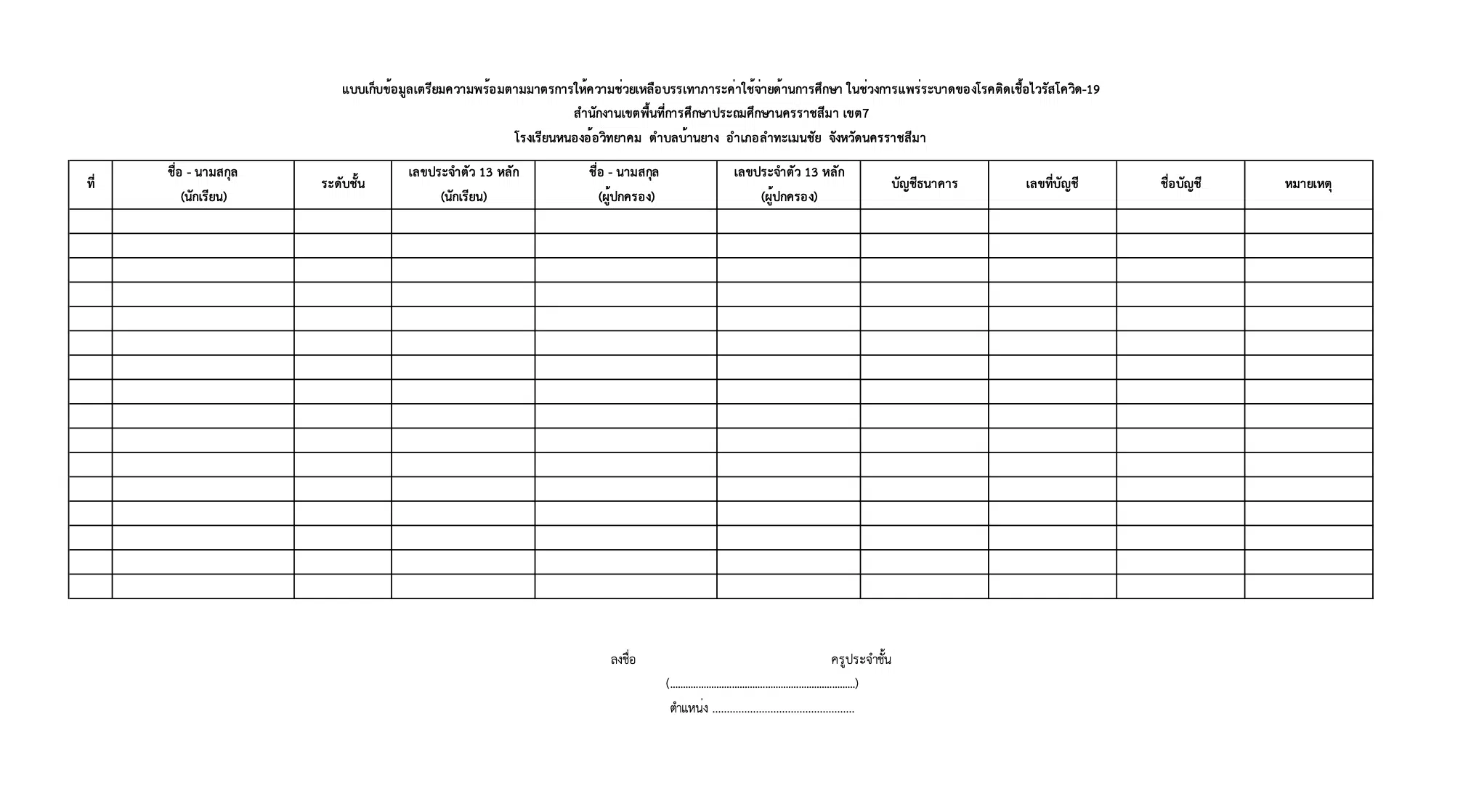 ดาวน์โหลด ตัวอย่างแบบสำรวจข้อมูลเตรียมความพร้อมรับเงินช่วยเหลือนักเรียน คนละ 2000 บาท ไฟล์ Excel แก้ไขได้ เครดิตเพจ ตามฝัน คนบ้านไกล	