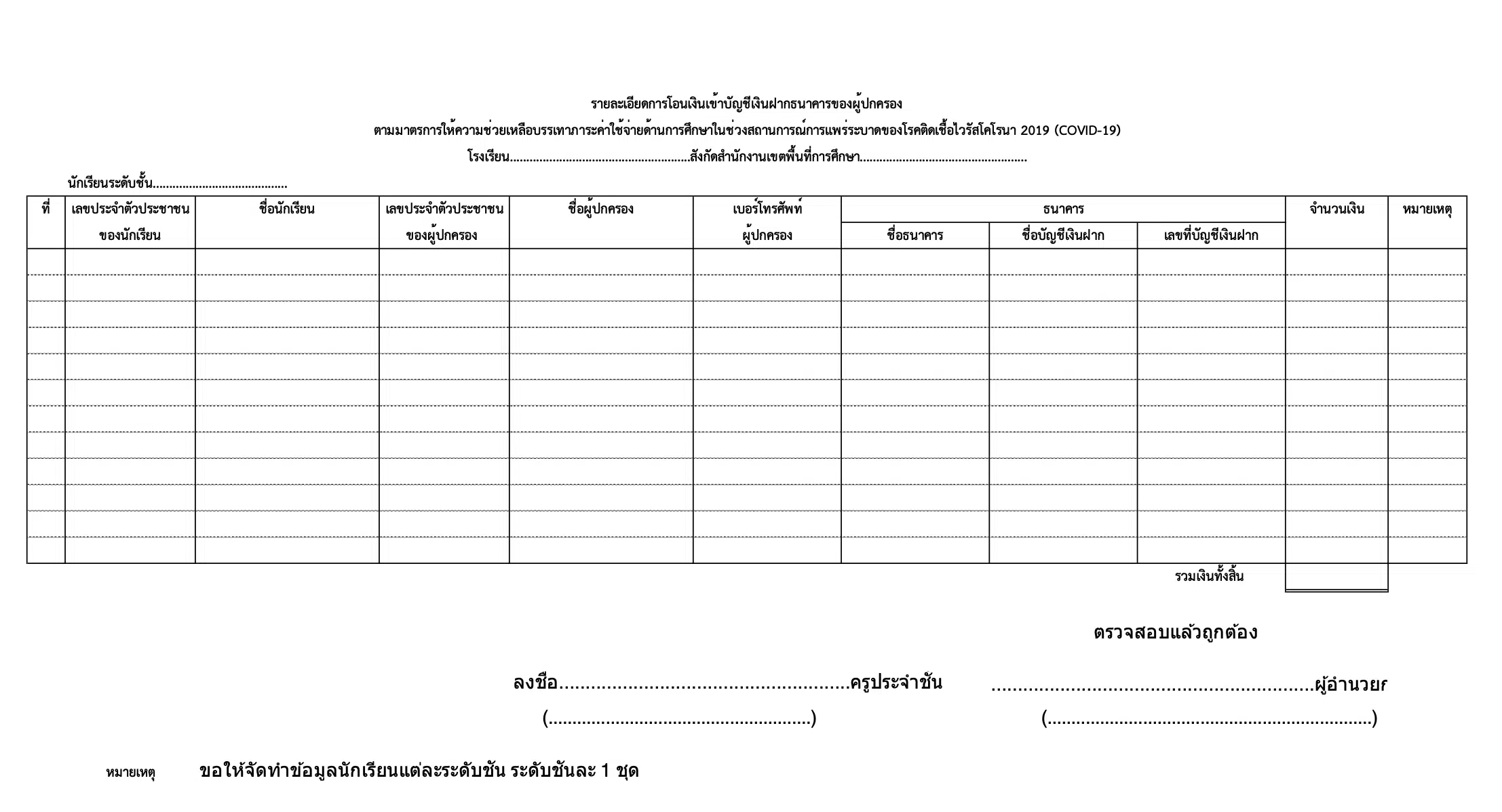 ดาวน์โหลด!! แบบฟอร์มบันทึกข้อมูล โอนเงินเข้าบัญชีผู้ปกครอง นักเรียนคนละ 2000 บาท ไฟล์เวิร์ด ไฟล์ Excel 