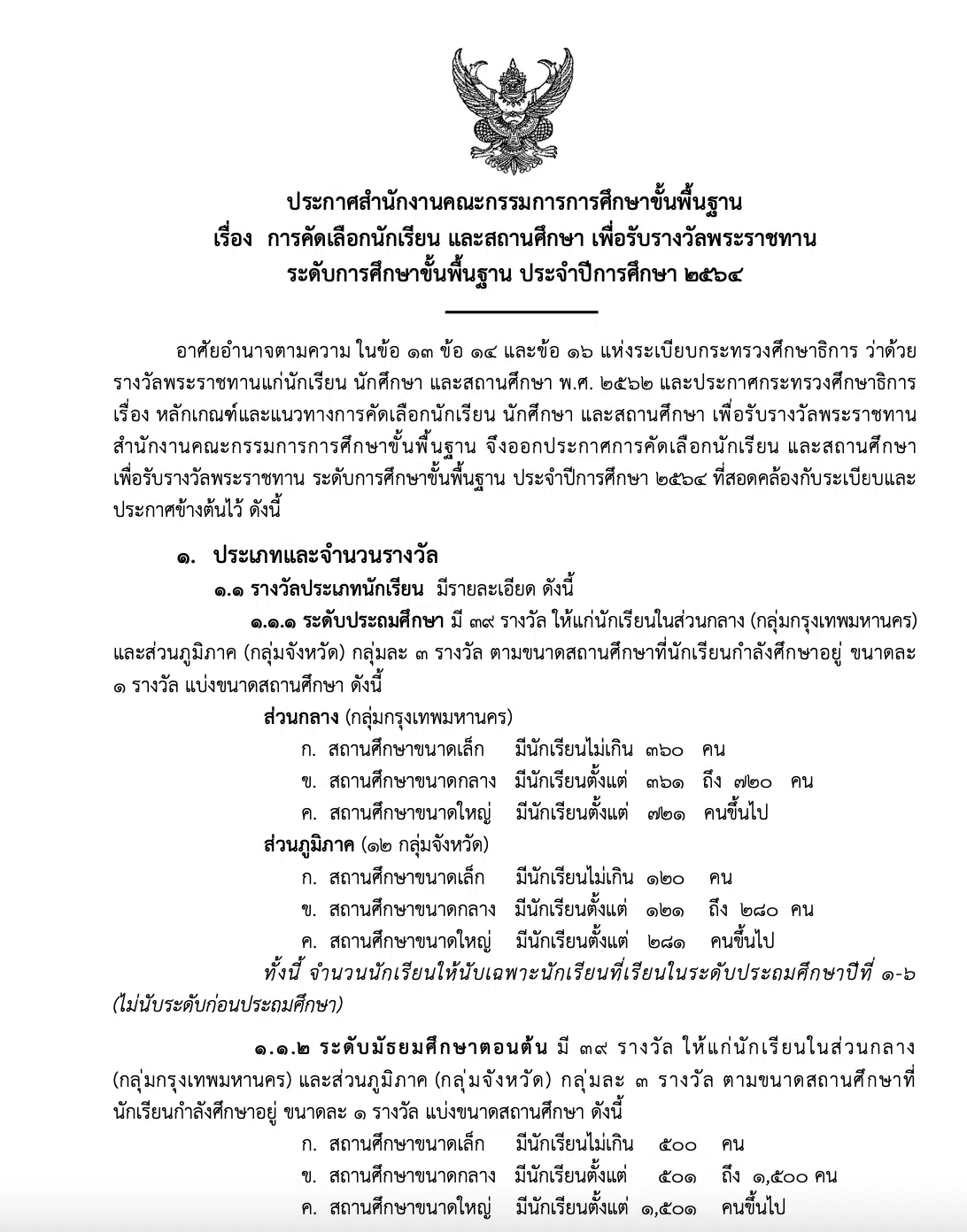 การคัดเลือกนักเรียน และสถานศึกษา เพื่อรับรางวัลพระราชทาน ประจำปีการศึกษา 2564 ระดับการศึกษาขั้นพื้นฐาน 