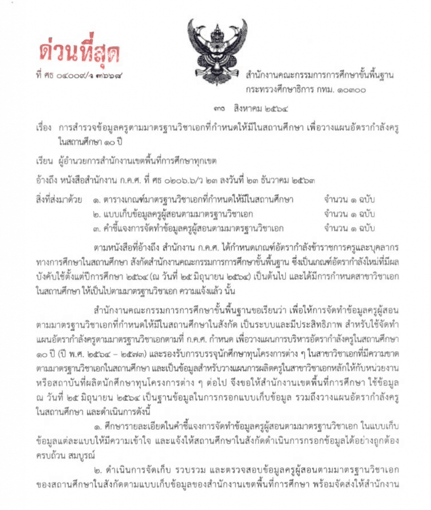 ด่วนที่สุด!! สพฐ.สำรวจข้อมูลครูตามมาตรฐานวิชาเอก เพื่อวางแผนอัตรากำลังครูในสถานศึกษา 10 ปี