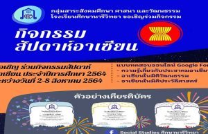 กิจกรรมเนื่องในกิจกรรมสัปดาห์อาเซียน ปีการศึกษา 2564 กับ 3 แบบทดสอบออนไลน์ ผ่านร้อยละ 80 ผู้ร่วมทดสอบจะได้รับเกียรติบัตรทางอีเมล โดยกลุ่มสาระสังคมศึกษาฯ โรงเรียนศึกษานารีวิทยา