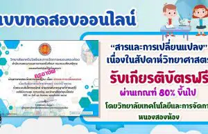 แบบทดสอบเรื่อง สารและการเปลี่ยนแปลง เนื่องในสัปดาห์วิทยาศาสตร์ ผ่านเกณฑ์ รับเกียรติบัตร โดยวิทยาลัยเทคโนโลยีและการจัดการหนองสองห้อง