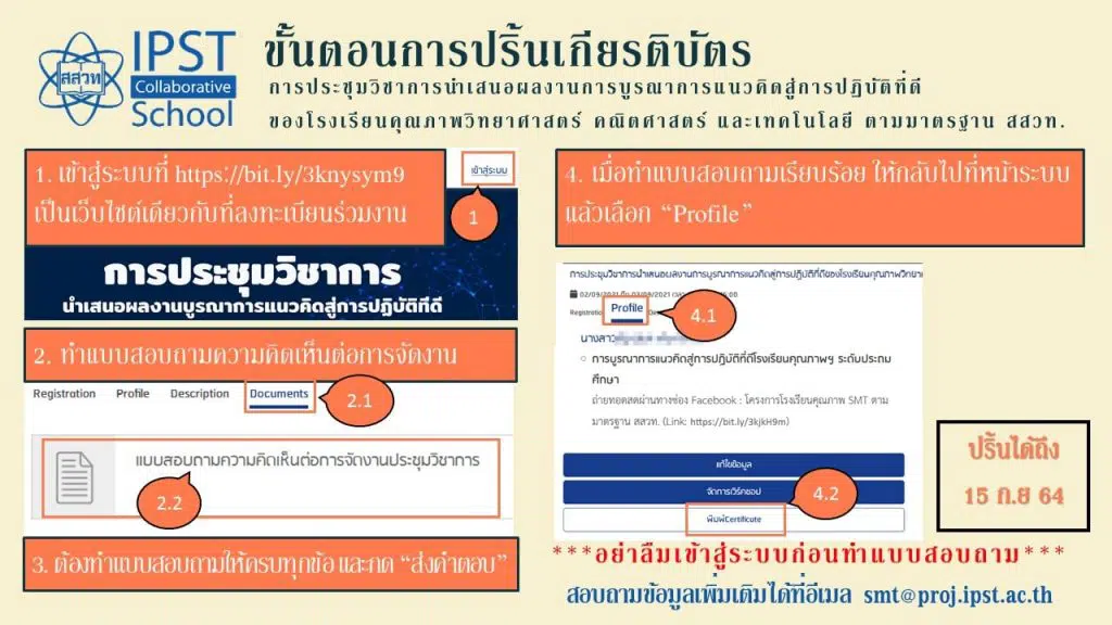 เปิดวิธีดาวน์โหลดเกียรติบัตร การประชุมวิชาการนำเสนอผลงานการบูรณาการแนวคิดสู่การปฏิบัติที่ดีของโรงเรียนคุณภาพ SMT สสวท. วันที่ 2 - 3 กันยายน 2564 ภายใน 15 กันยายน 2564