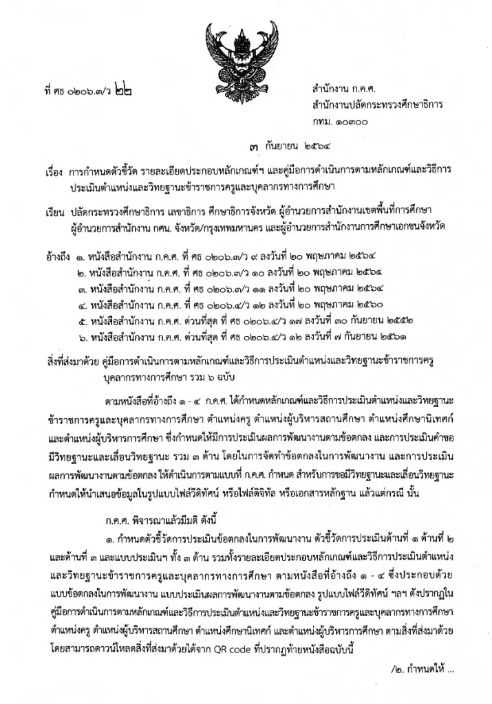 ก.ค.ศ. ประกาศตัวชี้วัด หลักเกณฑ์ และคู่มือวิทยฐานะเกณฑ์ใหม่ (PA) ว22/2564