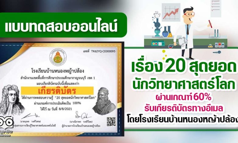 แบบทดสอบออนไลน์ เรื่อง 20 สุดยอดนักวิทยาศาสตร์โลก ผ่านเกณฑ์ร้อยละ 60 ขึ้นไป รับเกียรติบัตร ทางอีเมล โดยโรงเรียนบ้านหนองหญ้าปล้อง