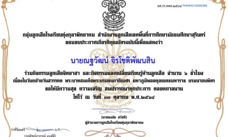 กิจกรรมแลกเปลี่ยนเรียนรู้ด้านลูกเสือ เนื่องในวันคล้ายวันสวรรคต พระบาทสมเด็จพระบรมชนกาธิเบศร มหาภูมิพลอดุลยเดชมหาราช บรมนาถบพิตร วันที่ ๑๓ ตุลาคม ๒๕๖๔ รับเกียรติบัตรทางอีเมล โดยกลุ่มลูกเสือโรงเรียนทุ่งกุลาพิทยาคม