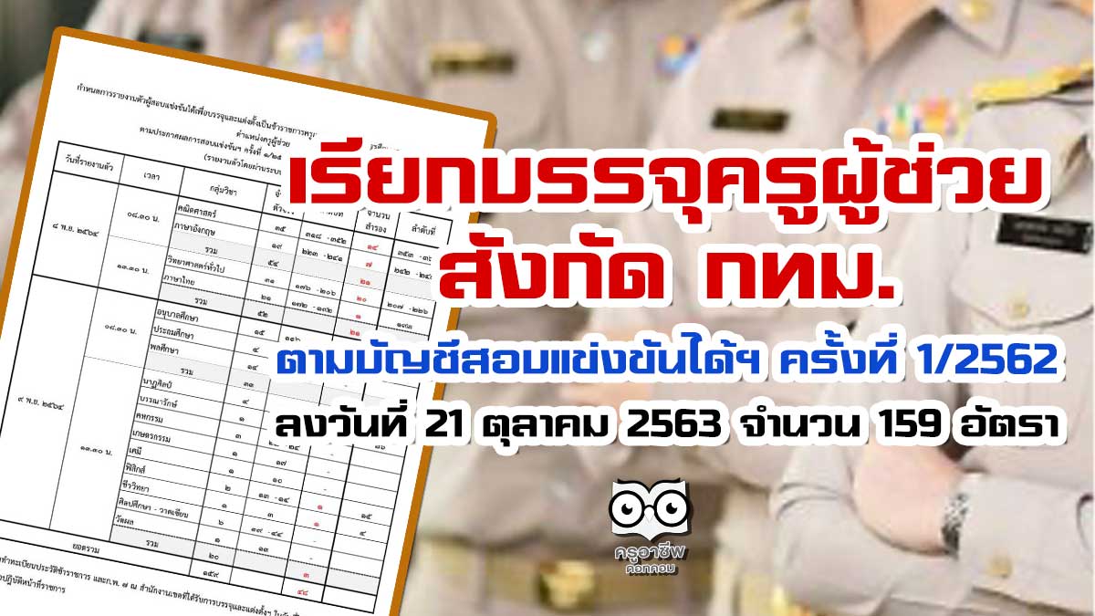 เรียกบรรจุครูผู้ช่วย สังกัด กทม. ตามบัญชีสอบแข่งขันได้ฯ ครั้งที่ 1/2562 ลงวันที่ 21 ตุลาคม 2563 จำนวน 159 อัตรา