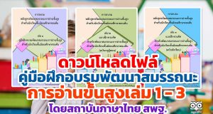 ดาวน์โหลดไฟล์ คู่มือฝึกอบรมพัฒนาสมรรถนะการอ่านขั้นสูงเล่ม 1 - 3 โดยสถาบันภาษาไทย สพฐ.