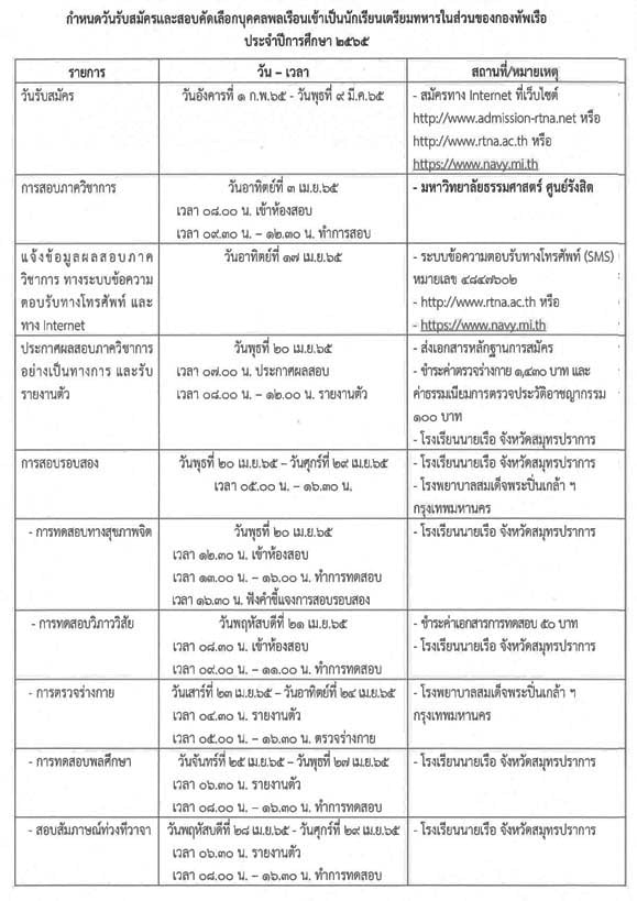 กองทัพเรือ ประกาศรับสมัครนักเรียนเตรียมทหารในส่วนของกองทัพเรือ ประจำปีการศึกษา 2565 ทางอินเทอร์เน็ต ระหว่างวันที่ 1 ก.พ. - 9 มี.ค.65