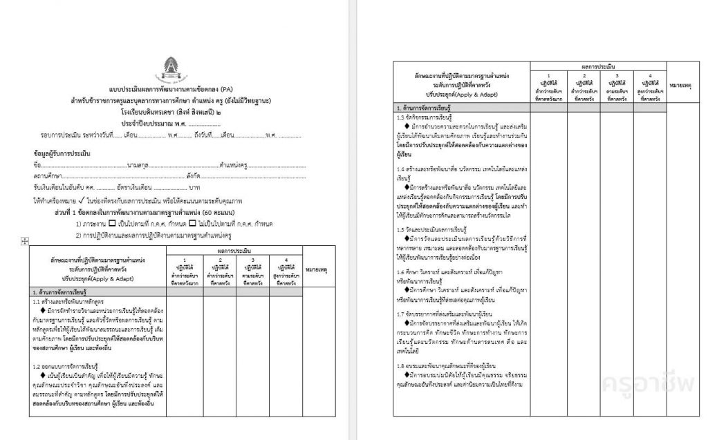 รวมแบบประเมินผลการพัฒนางานตามข้อตกลง(PA) สำหรับข้าราชการครูและบุคลากรทางการศึกษา ทุกวิทยฐานะ ทุกสังกัด ไฟล์ word