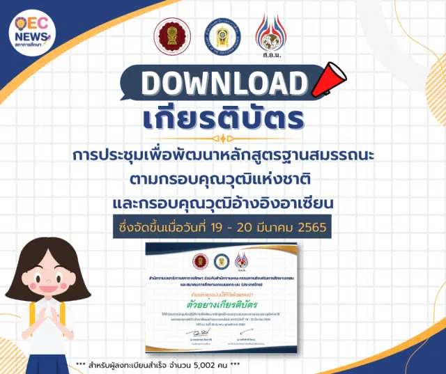 ลิงก์โหลดรับเกียรติบัตร การประชุมเชิงปฏิบัติการเพื่อพัฒนาหลักสูตรฝึกอบรมฐานสมรรถนะตามกรอบคุณวุฒิแห่งชาติและกรอบคุณวุฒิอ้างอิงอาเซียน 2565 เมื่อวันที่ 19 – 20 มีนาคม 2565