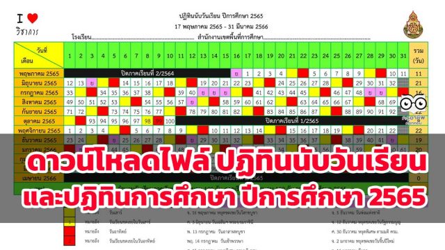 ดาวน์โหลดไฟล์ ปฏิทินนับวันเรียนและปฏิทินการศึกษา ปีการศึกษา 2565 (รวมภาคเรียนที่ 1-2) ไฟล์ Excel โดยเพจวิชาการ