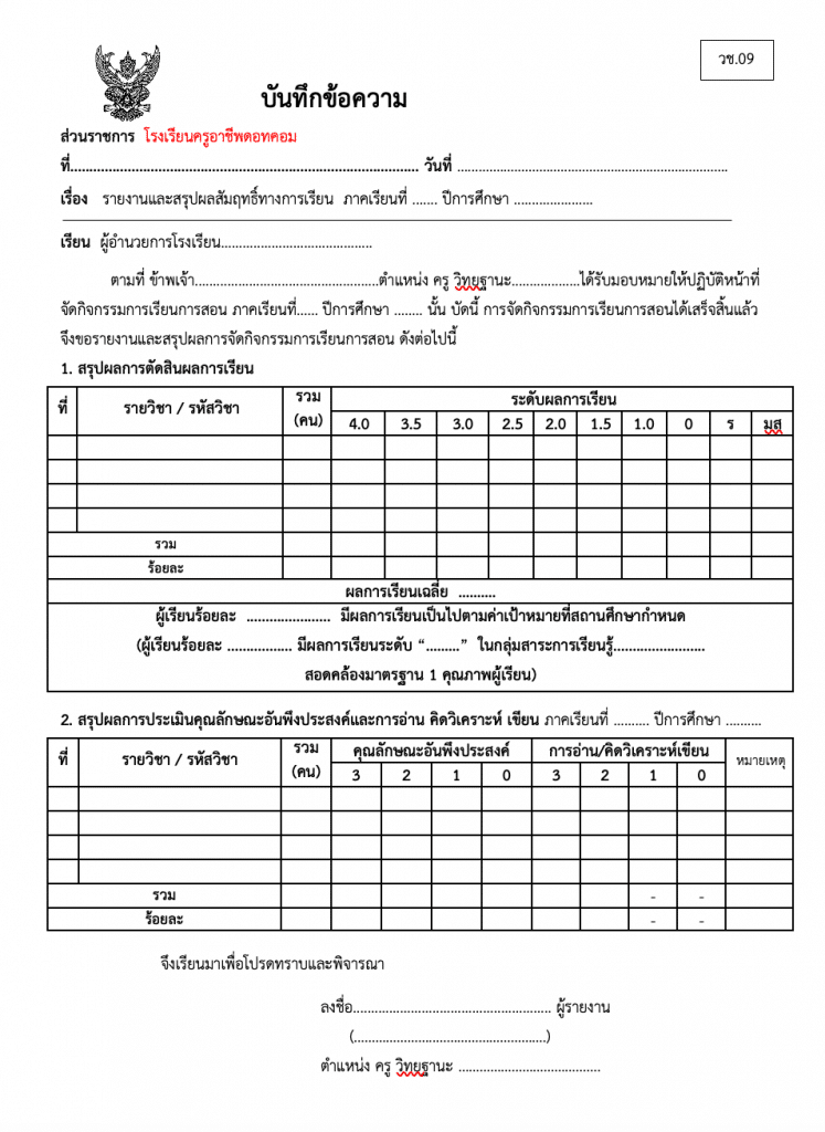 ดาวน์โหลดแบบบันทึกข้อความ รายงานผลสัมฤทธิ์ทางการเรียน (วช.09) ไฟล์เวิร์ด แก้ไขได้