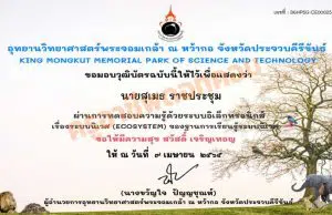 ทำแบบทดสอบออนไลน์ และรับวุฒิบัตร เรื่อง ระบบนิเวศ (Ecosystem) ผ่านเกณฑ์ ร้อยละ 60 จะได้รับวุฒิบัตรอิเล็กทรอนิกส์ ทาง E- mall โดยฐานการเรียนรู้ระบบนิเวศ อุทยานวิทยาศาสตร์พระจอมเกล้า ณ หว้ากอ จังหวัดประจวบคีรีขันธ์