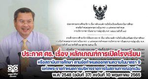 ประกาศ ศธ. เรื่อง หลักเกณฑ์การเปิดโรงเรียนหรือสถาบันการศึกษา ตามข้อกำหนดออกตามความในมาตรา 9 แห่งพระราชกำหนดการบริหารราชการในสถานการณ์ฉุกเฉิน พ.ศ. 2548 (ฉบับที่ 37) ลงวันที่ 10 พฤษภาคม 2565