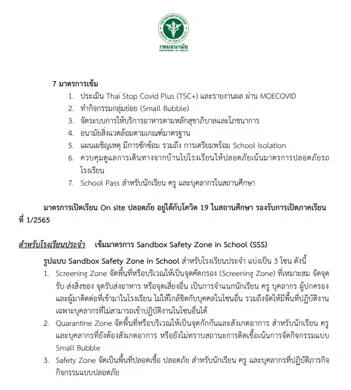 มาตรการเปิดเรียน On site ปลอดภัย อยู่ได้กับโควิด 19 ในสถานศึกษา เตรียมความพร้อมการเปิดภาคเรียนที่ 1 / 2565 โดย กระทรวงสาธารณสุข