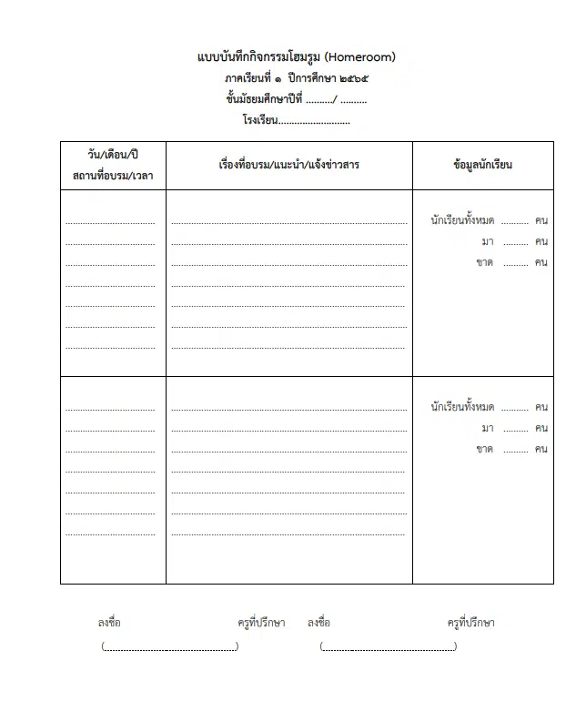 ดาวน์โหลดฟรี แบบบันทึกกิจกรรมโฮมรูม (Homeroom) ไฟล์  Word แก้ไขได้