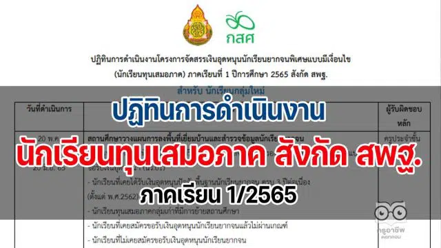 ปฏิทินการดำเนินงาน จัดสรรเงินอุดหนุน นักเรียนทุนเสมอภาค สังกัด สพฐ. ภาคเรียน 1/2565