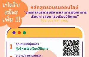 ด่วนก่อนเต็ม!! เปิดรับสมัครเพิ่ม หลักสูตร “ยุทธศาสตร์การบริหารและการพัฒนาการเรียนการสอน โรงเรียนวิถีพุทธ” (รูปแบบออนไลน์) สมัครตั้งแต่วันที่ 6 มิ.ย. 65 เวลา 13.00 น. ถึง 10 มิ.ย. 65