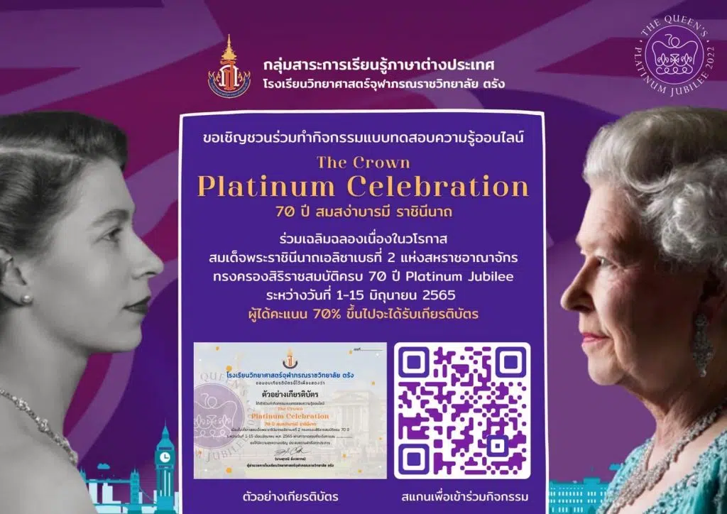 ขอเชิญทดสอบความรู้ชุด "The Crown Platinum Celebration 70 ปี สมสง่าบารมี ราชินีนาถ" ผ่านเกณฑ์ 70% รับเกียรติบัตรทางอีเมล โดยโรงเรียนวิทยาศาสตร์จุฬาภรณราชวิทยาลัย ตรัง