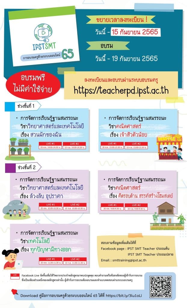 สสวท.เปิดอบรมครูด้วยระบบออนไลน์ ประจำปี 2565 IPST SMT Teacher ประถมต้น ประถมปลาย ประกอบด้วย 5 หลักสูตร ลงทะเบียนได้ตั้งแต่วันที่ 5 กรกฎาคม - 15 กันยายน 2565