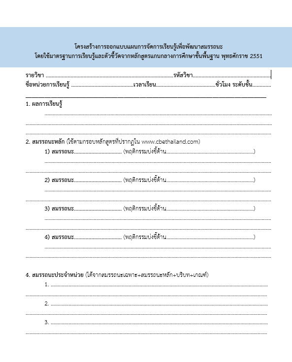 ดาวน์โหลดแบบฟอร์ม โครงสร้างการออกแบบแผนการจัดการเรียนรู้เพื่อพัฒนาสมรรถนะ โดยใช้มาตรฐานการเรียนรู้และตัวชี้วัดจากหลักสูตรแกนกลางการศึกษาขั้นพื้นฐาน พุทธศักราช 2551