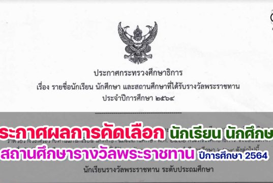 ศธ.ประกาศผลการคัดเลือกนักเรียน นักศึกษา และสถานศึกษา รางวัลพระราชทาน ปีการศึกษา 2564